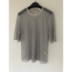 Ronny Kobo Mesh Top with Rhinestone Mesh Size Medium Siver Tan